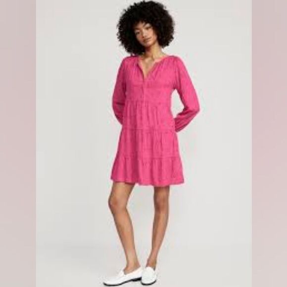 Cotton Eyelet Embroidered Tiered Mini Swing Dress Pink, size M Tall - Picture 2 of 10